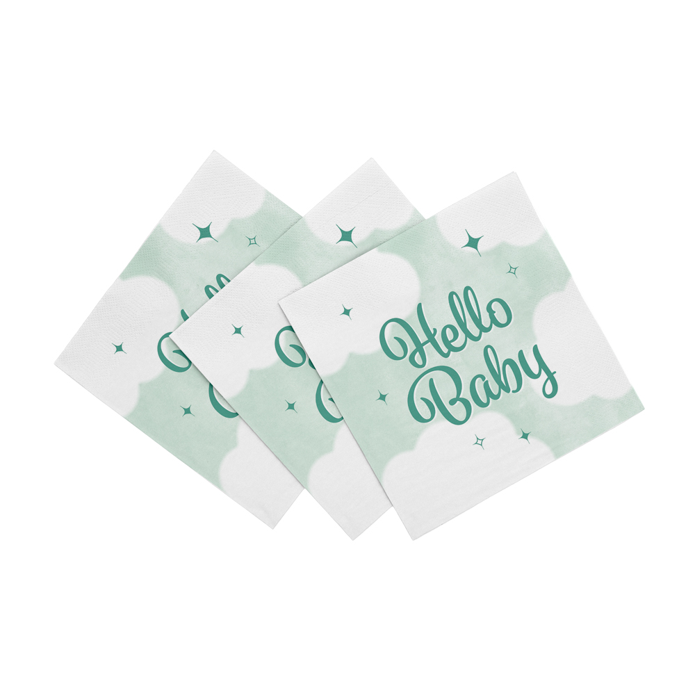 Hello Baby Servietter Mintgrøn/Hvid - 20 stk (33 x 33 cm) | Babyshower Servietter - Temashop