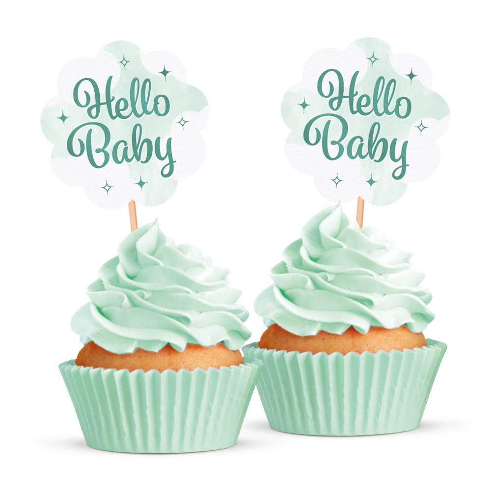 Hello Baby Kagepinde Mintgrøn - 12 stk | Babyshower Kagepinde - Temashop