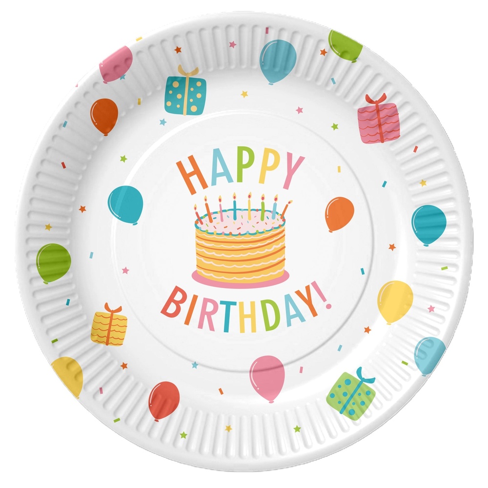 Happy Birthday Paptallerkener Multi - 8 stk (Ø 23 cm) | Fødselsdag Tallerkner - Temashop