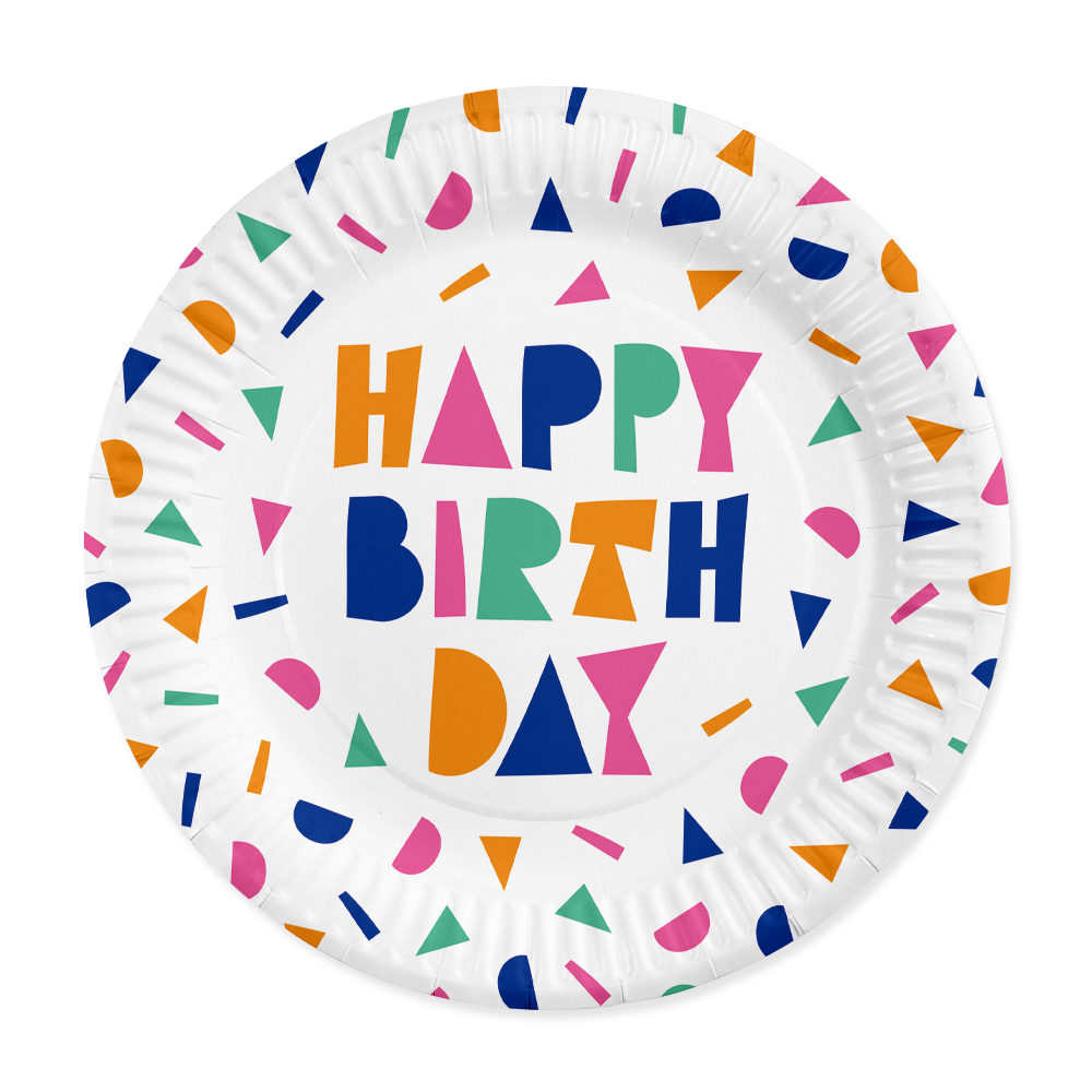 Happy Birthday Paptallerkener Multifarvet - 8 stk (Ø 23 cm) | Fødselsdag Tallerkner - Temashop