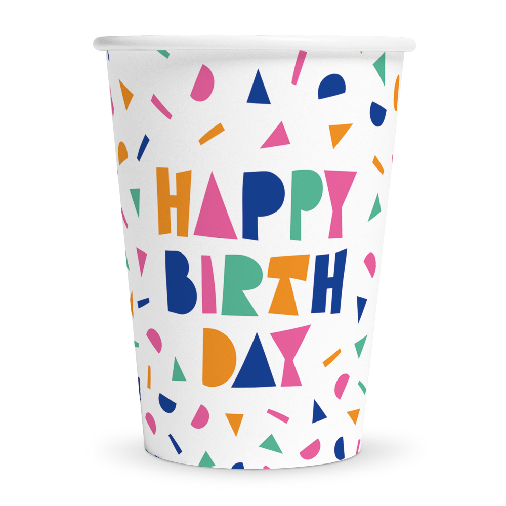 Happy Birthday Papkrus Hvid/Multifarvet - 8 stk (210 ml) | Fødselsdag Krus - Temashop