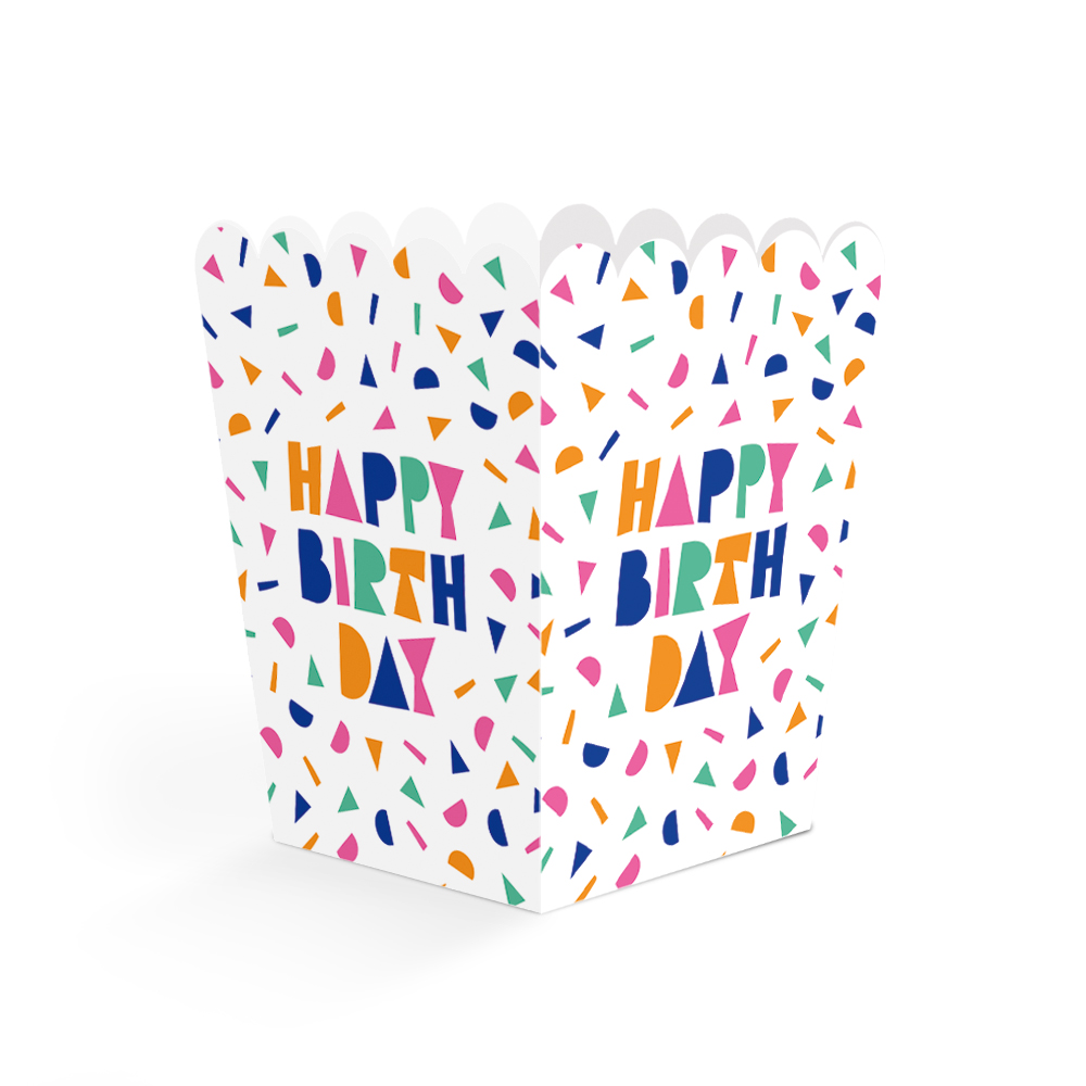 Happy Birthday Popcornbægre - 8 stk (6,3 x 6,3 x 10,5 cm) | Fødselsdag Bægre - Temashop