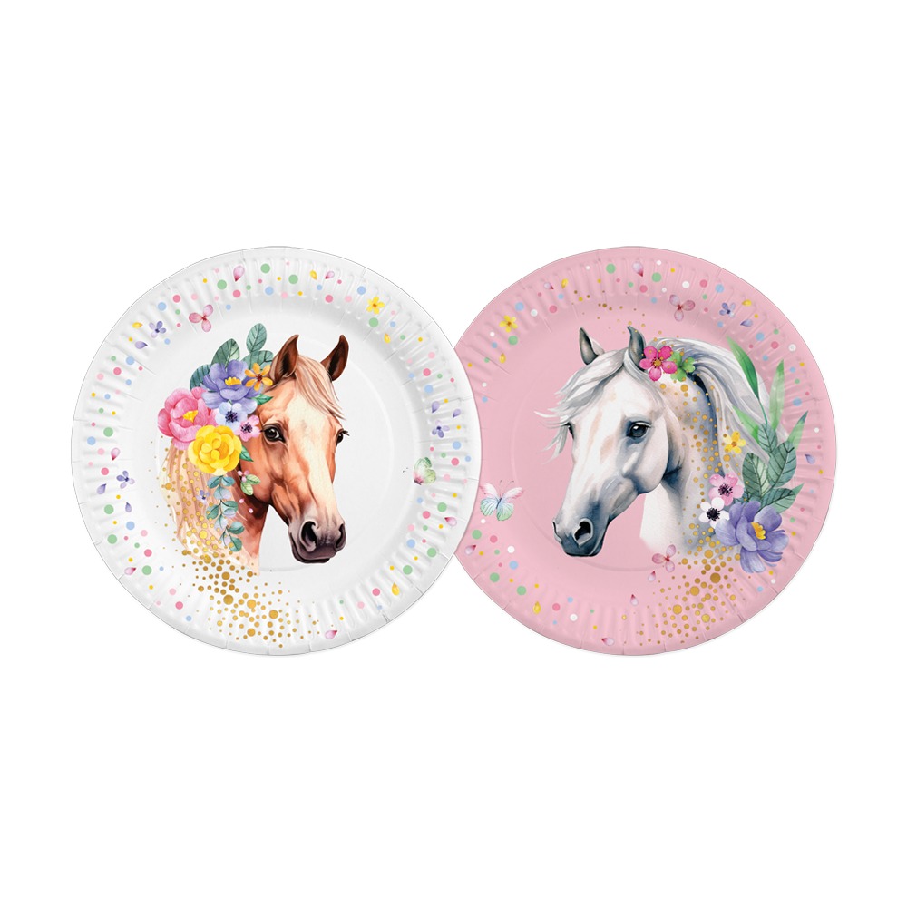 Blomster Heste Paptallerkener - 8 stk (Ø 23 cm) | Hest Tallerkner - Temashop