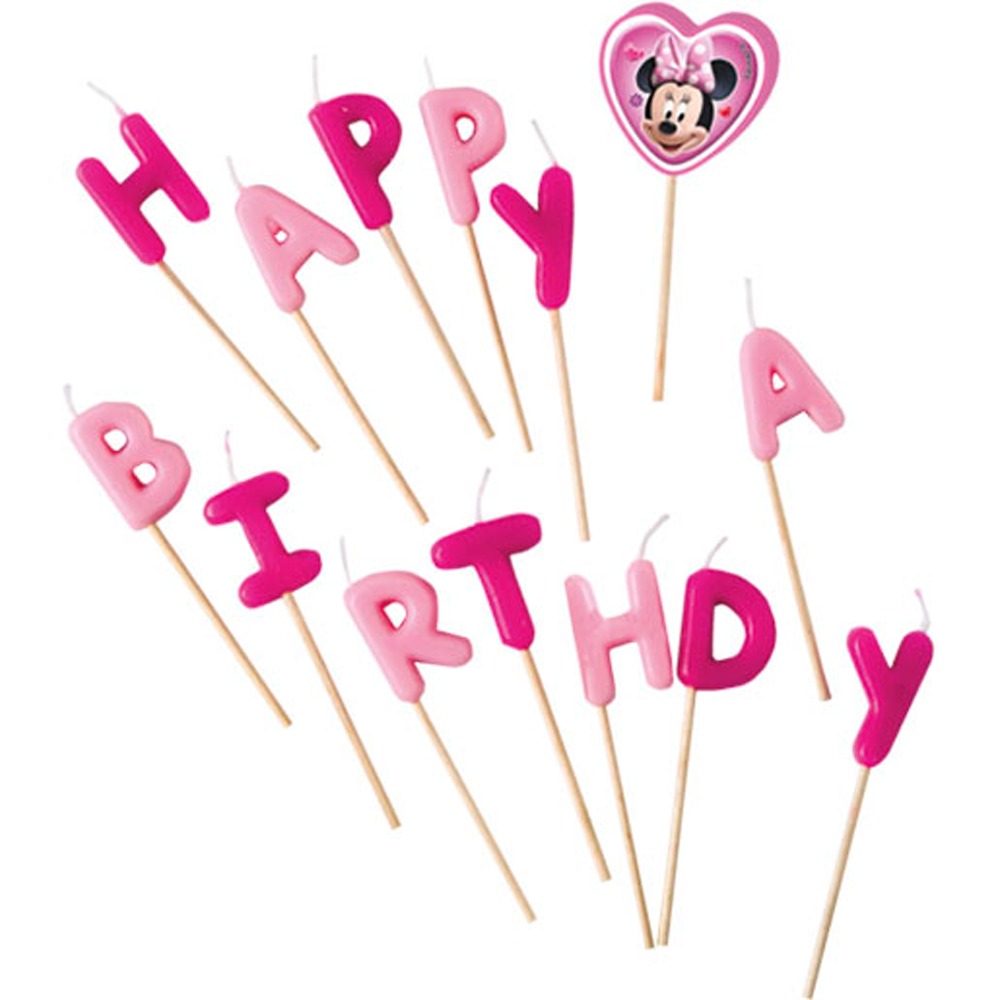 Minnie Mouse Happy Birthday Kagelys Lyserød - 1 stk | Minnie Mouse Kagelys - Temashop