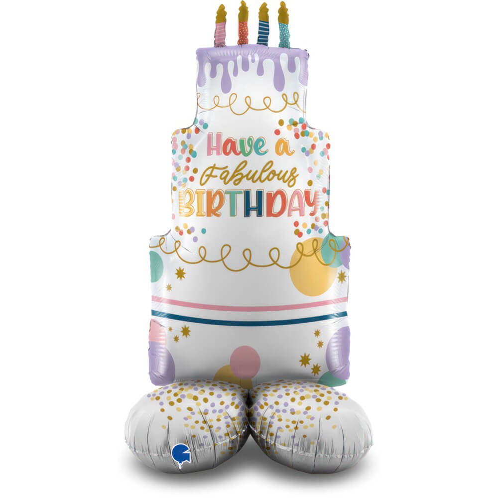 Lagkage Happy Birthday Stående Folieballon - 1 stk (55 x 123 x 55 cm) | Kage Folieballoner - Temashop