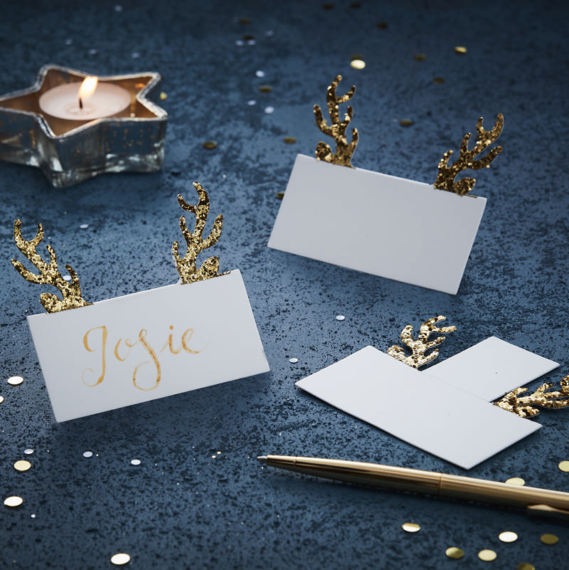 Gold Christmas Bordkort - 10 stk (8 x 7,5 cm) | Rensdyr Bordnumre / bordkort / holdere - Temashop