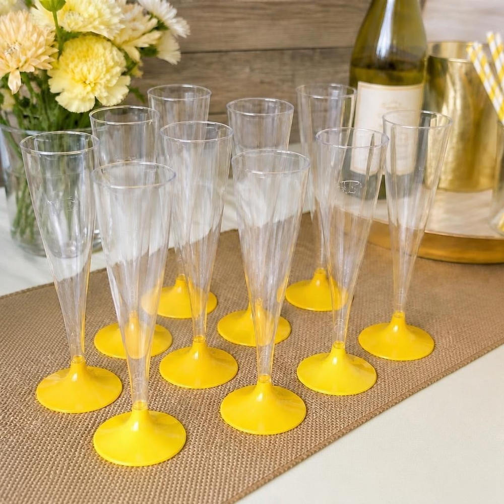 Plast Champagneglas Gul Fod - 10 stk (18 cm) | Gul tema Drinksglas - Temashop
