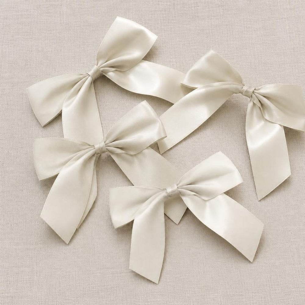 Satin Dekorationssløjfer Beige - 4 stk (10 x 9 cm) | Hvidt tema Bånd - Temashop