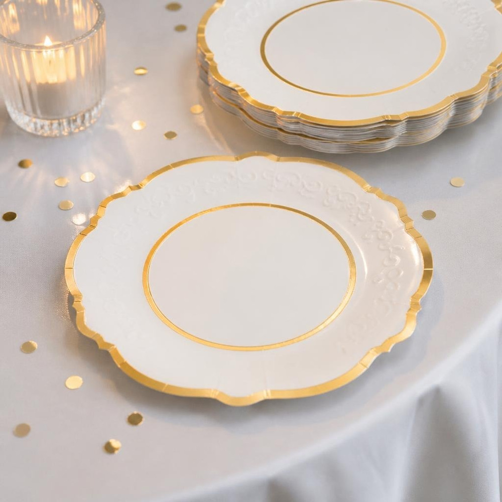 Guldkantede Paptallerkener Hvid - 8 stk (21 cm) | Guld tema Tallerkner - Temashop