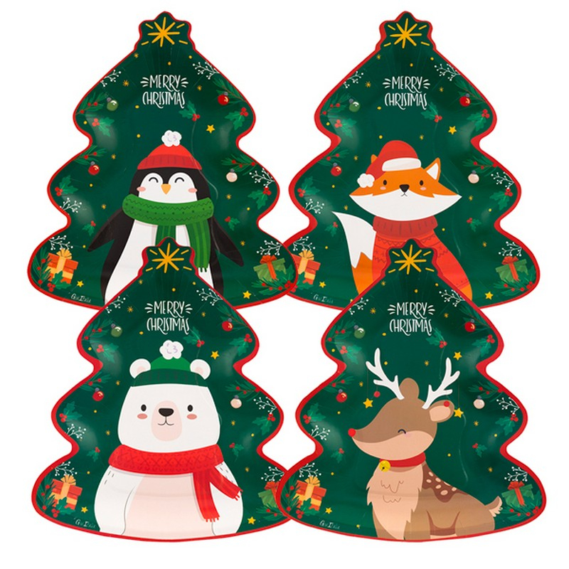 Juletræsformet Santa's Friends Tallerkener - 8 stk (27 x 24 cm) | Julescene Tallerkner - Temashop