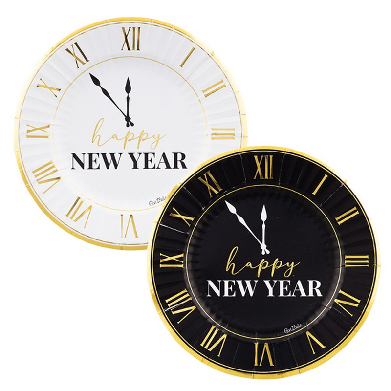 Happy New Year Clock Tallerkener - 8 stk (23 cm) | Nytår Tallerkner - Temashop
