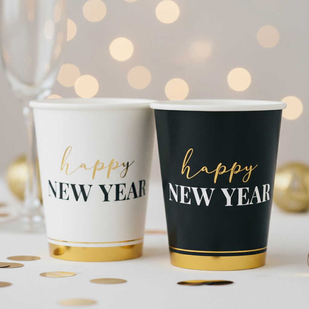Happy New Year Clock Papkrus - 8 stk (250 ml) | Nytår Krus - Temashop