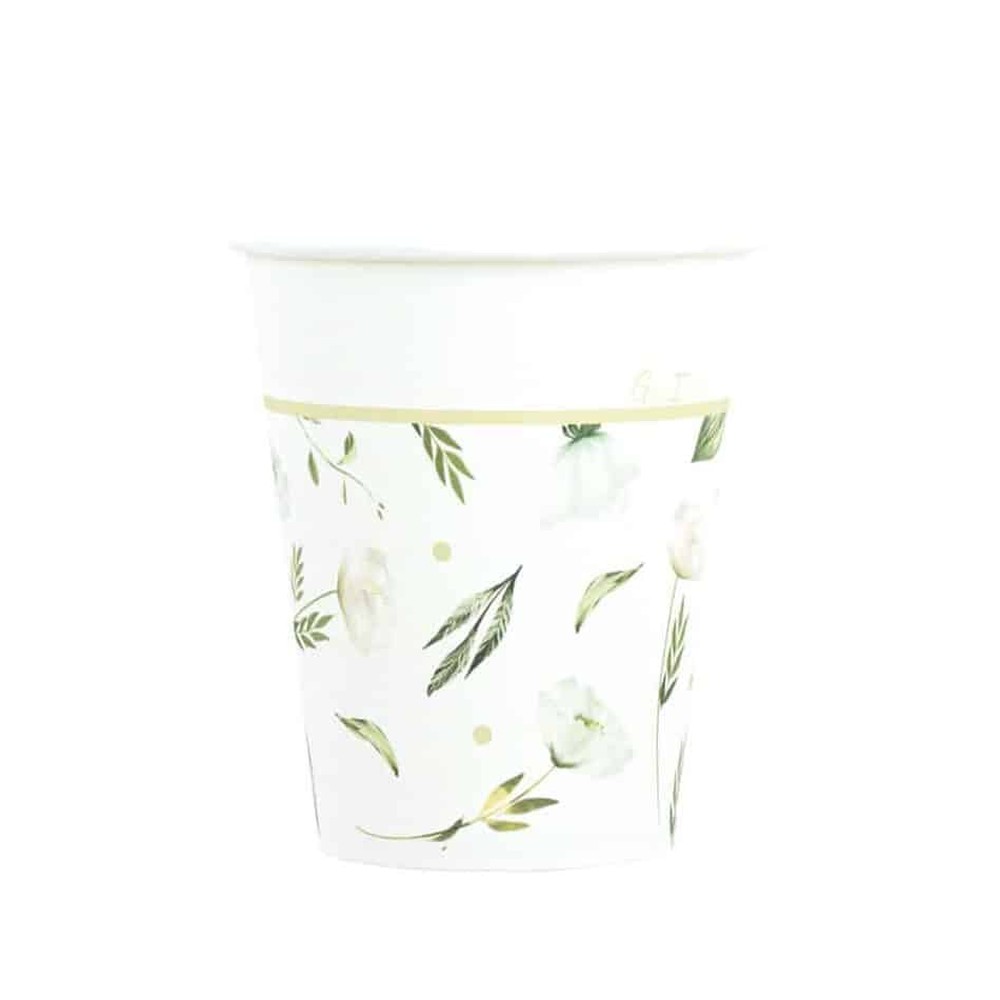Hvide Blomster Papkrus Med Mat Guldkant - 8 stk (250 ml) | Blomst Krus - Temashop