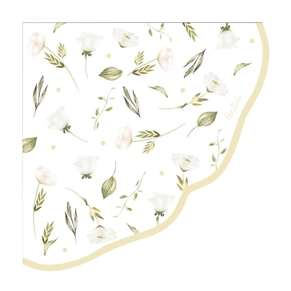 Blomster Servietter Hvid/Guld - 16 stk (33 x 33 cm) | Blomst Servietter - Temashop