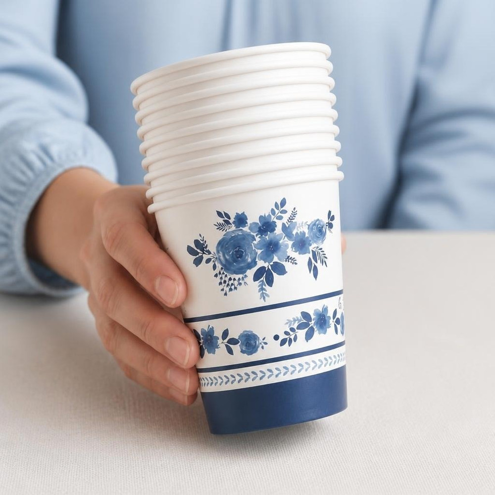 Blå Blomster Papkrus - 8 stk (250 ml) | Blomst Krus - Temashop