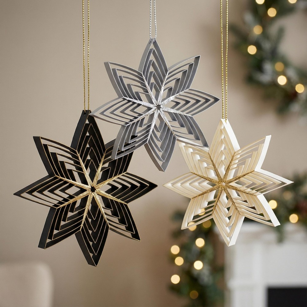 3D Papirstjerner Sølv/Hvid/Sort
