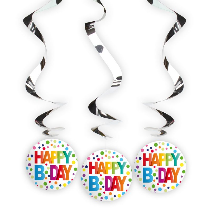 Happy B Day Swirls - 3 stk | Fødselsdag Spiraler/string - Temashop