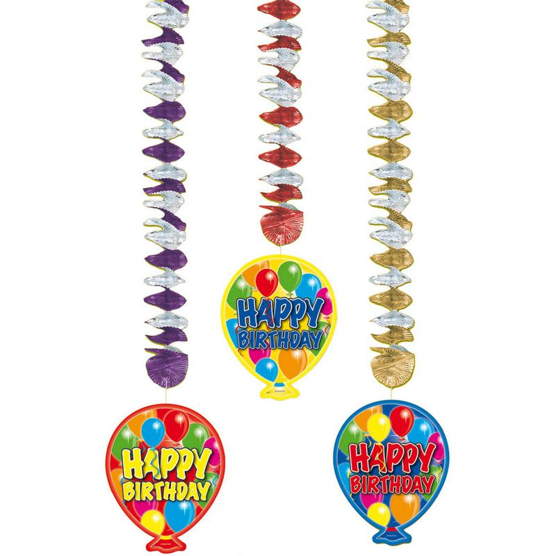 Happy Birthday Ballon Swirls - 3 stk (75 x 14 cm) | Fødselsdag Spiraler/string - Temashop
