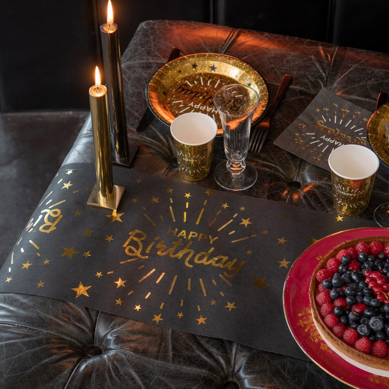 Happy Birthday Bordløber Guld/Sort - 1 stk (30 cm x 5 m) | Fødselsdag Bordløber - Temashop