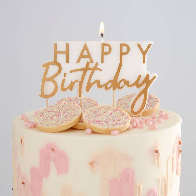 Happy Birthday Kagelys Guld/Hvid - 1 stk (6 x 12 cm) | Fødselsdag Kagelys - Temashop