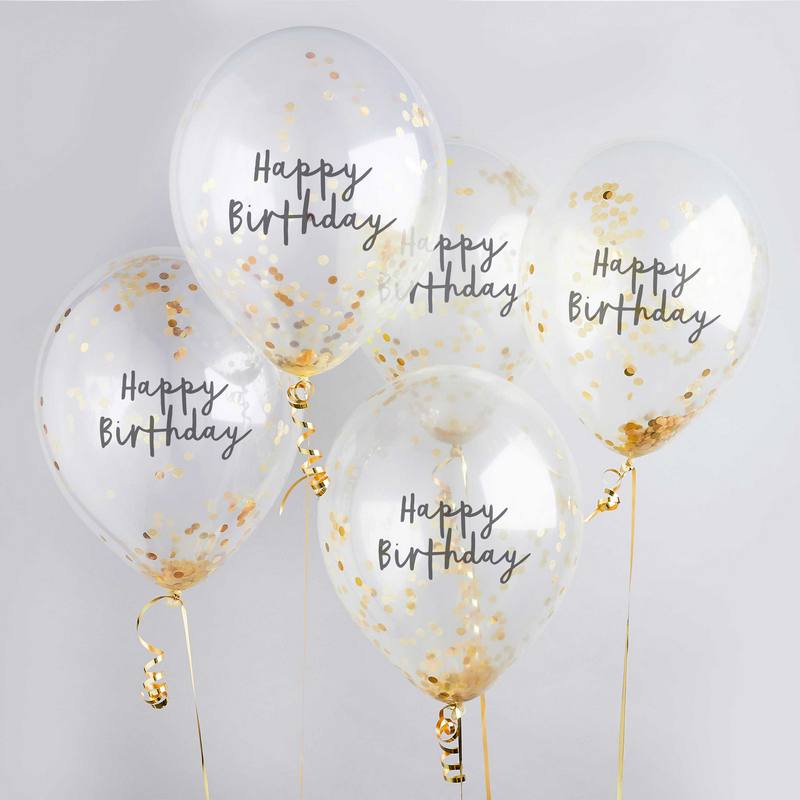 Happy Birthday Konfetti Balloner Guld - 5 stk (30 cm) | Fødselsdag Konfettiballoner - Temashop
