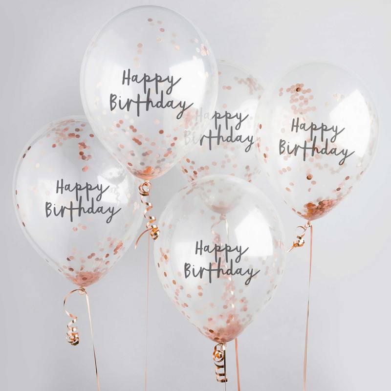 Happy Birthday Konfetti Balloner Rosaguld - 5 stk (30 cm) | Fødselsdag Konfettiballoner - Temashop