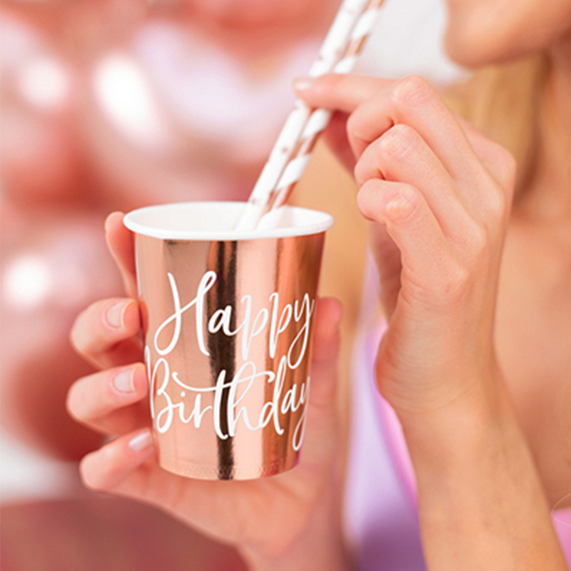 Happy Birthday Papkrus Rosaguld - 6 stk (260 ml) | Fødselsdag Krus - Temashop