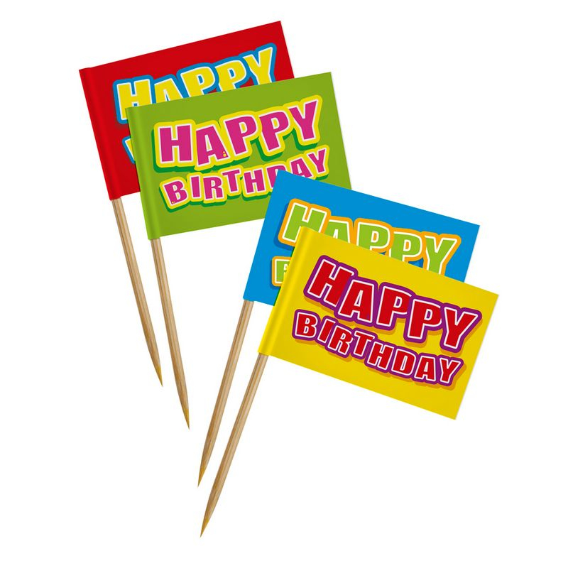 Happy Birthday Party Madpinde - 24 stk (14 cm) | Fødselsdag Kagepinde - Temashop