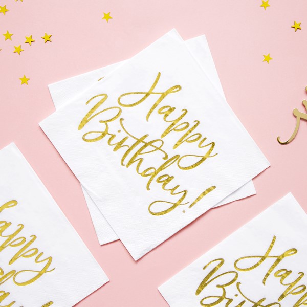 Happy Birthday Servietter Guld/Hvid - 20 stk (33 x 33 cm) | Fødselsdag Servietter - Temashop
