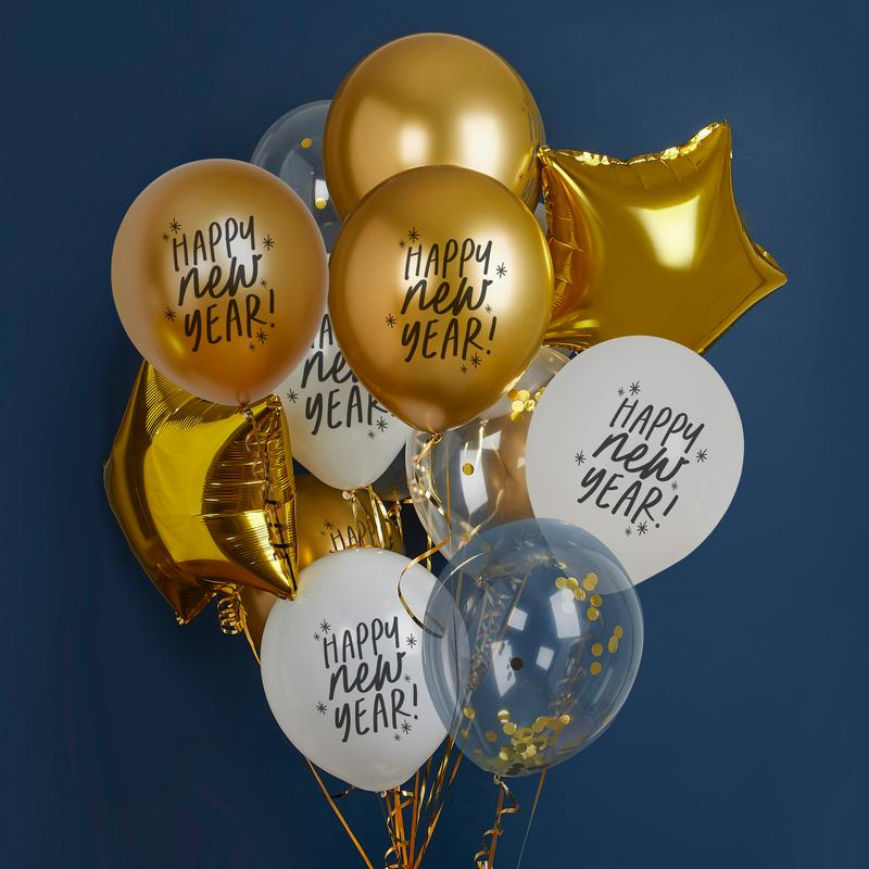Happy New Year Ballon Mix Hvid/Guld - 12 stk (30 cm) | Nytår Latexballoner - Temashop