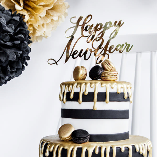 Happy New Year Kagetopper Guld - 1 stk (24 cm) | Nytår Kagefigur / kagetopper - Temashop