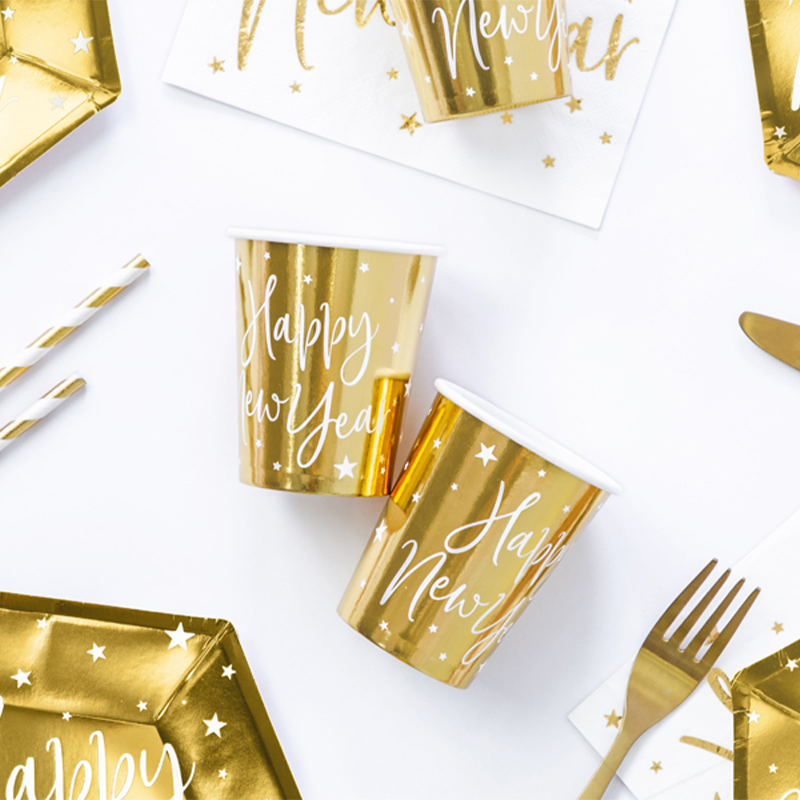 Happy New Year Papkrus Guld - 6 stk (220 ml) | Nytår Krus - Temashop