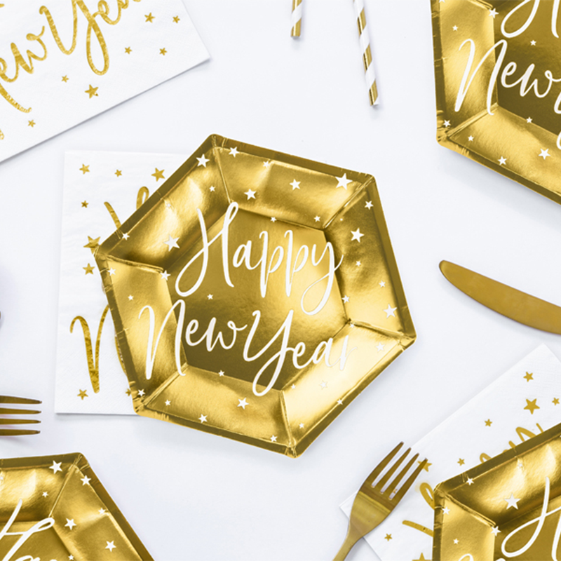 Happy New Year Paptallerkener Guld - 6 stk (20 cm) | Nytår Tallerkner - Temashop