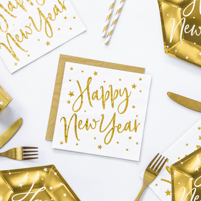 Happy New Year Servietter Guld - 20 stk (33 x 33 cm) | Nytår Servietter - Temashop