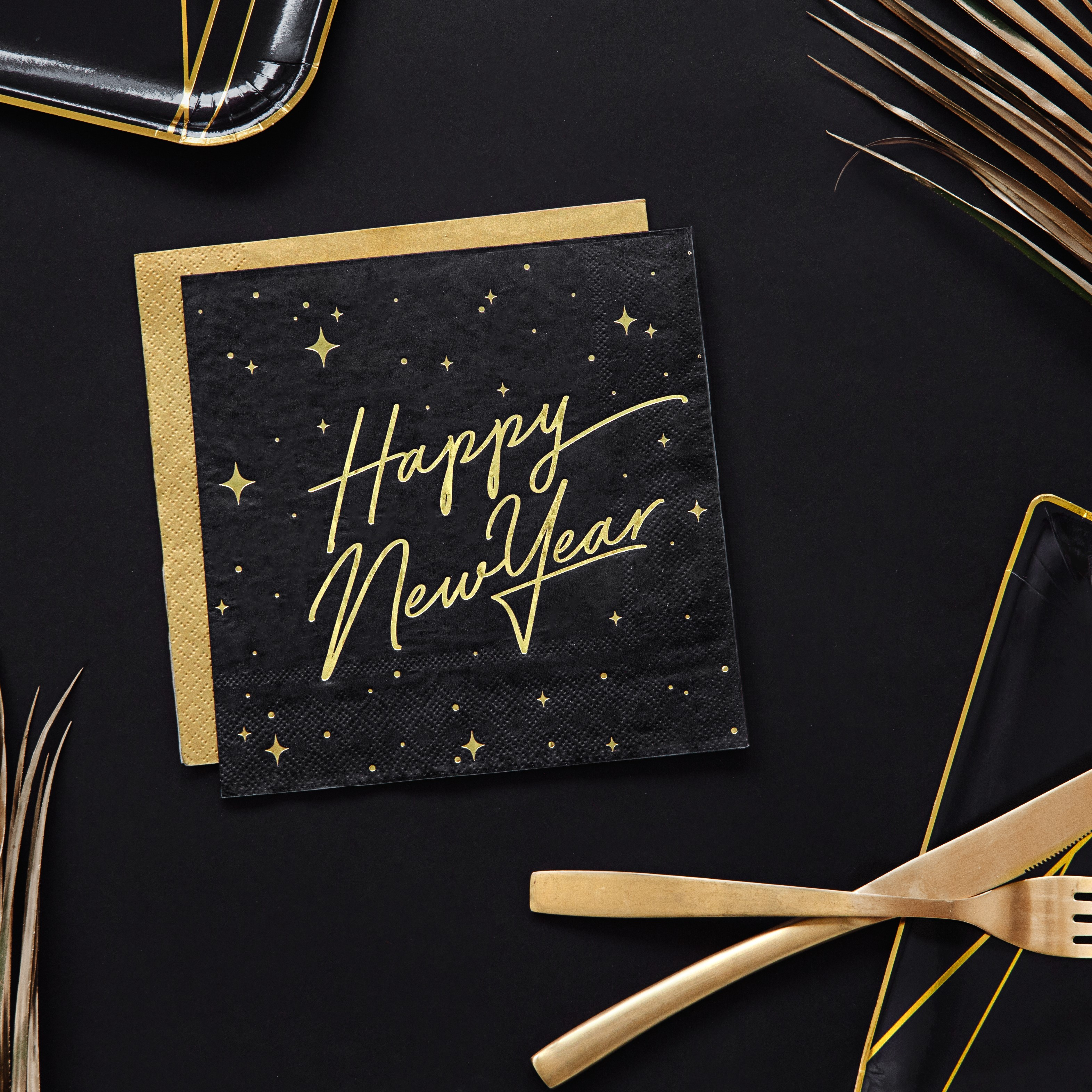 Happy New Year Servietter Sort - 20 stk (33 x 33 cm) | Nytår Servietter - Temashop