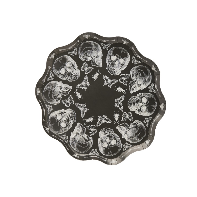 Dødningehoved Paptallerken Sort - 8 stk | Skelet Tallerkner - Temashop