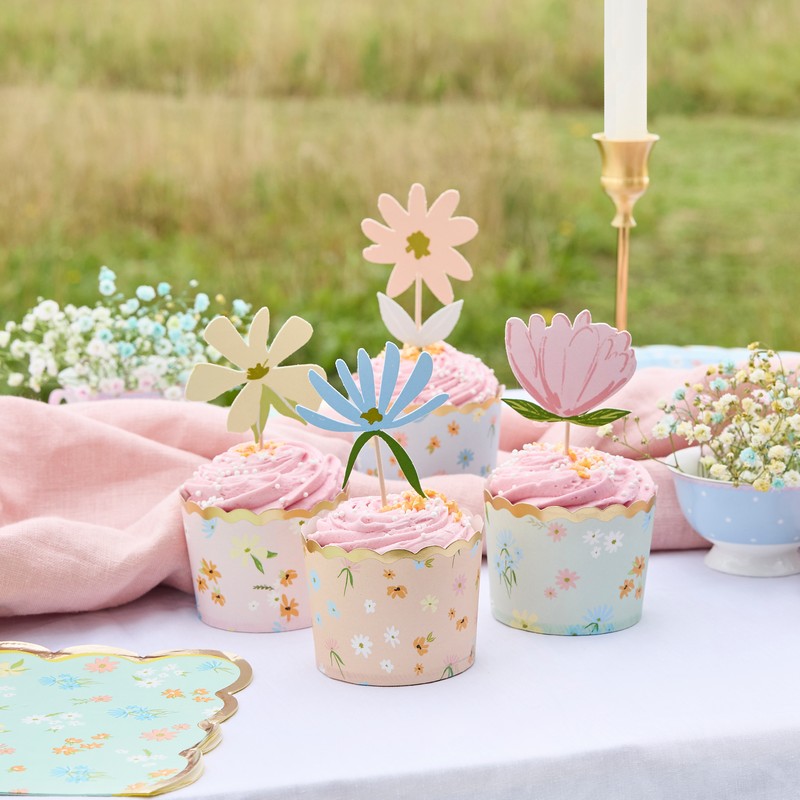 Floral Tea Party Kagepinde & Cupcake Wrappers - 12 stk | Blomst Cupcake Forme & Wrappers - Temashop