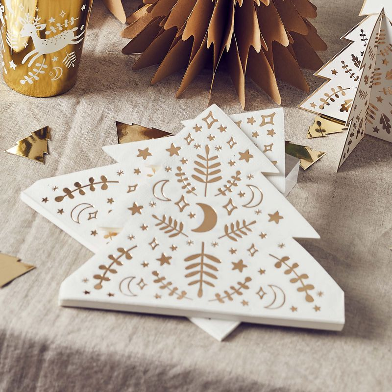 Juletræ Servietter Guld/Hvid - 16 stk (19 x 17,5 cm) | Julefrokost Servietter - Temashop
