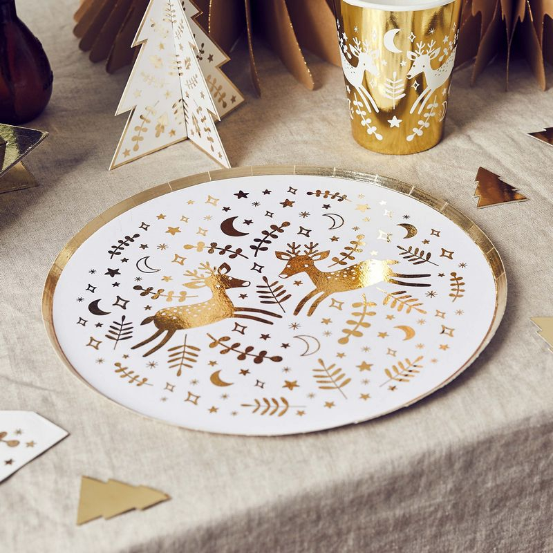 Rensdyr Paptallerkener Guld/Hvid - 8 stk (23 cm) | Julefrokost Tallerkner - Temashop