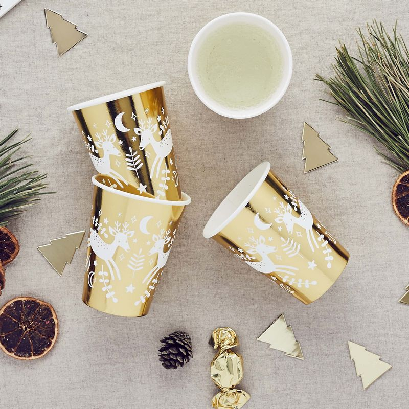 Rensdyr Papkrus Guld - 8 stk (7,5 cm) | Julefrokost Krus - Temashop