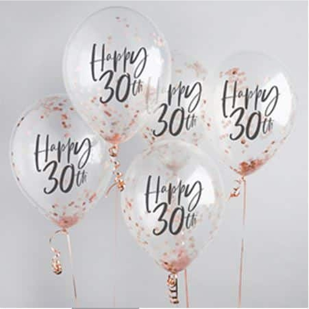 Happy 30th Konfettiballoner Rosaguld - 5 stk (30 cm) | Rosaguld tema Konfettiballoner - Temashop