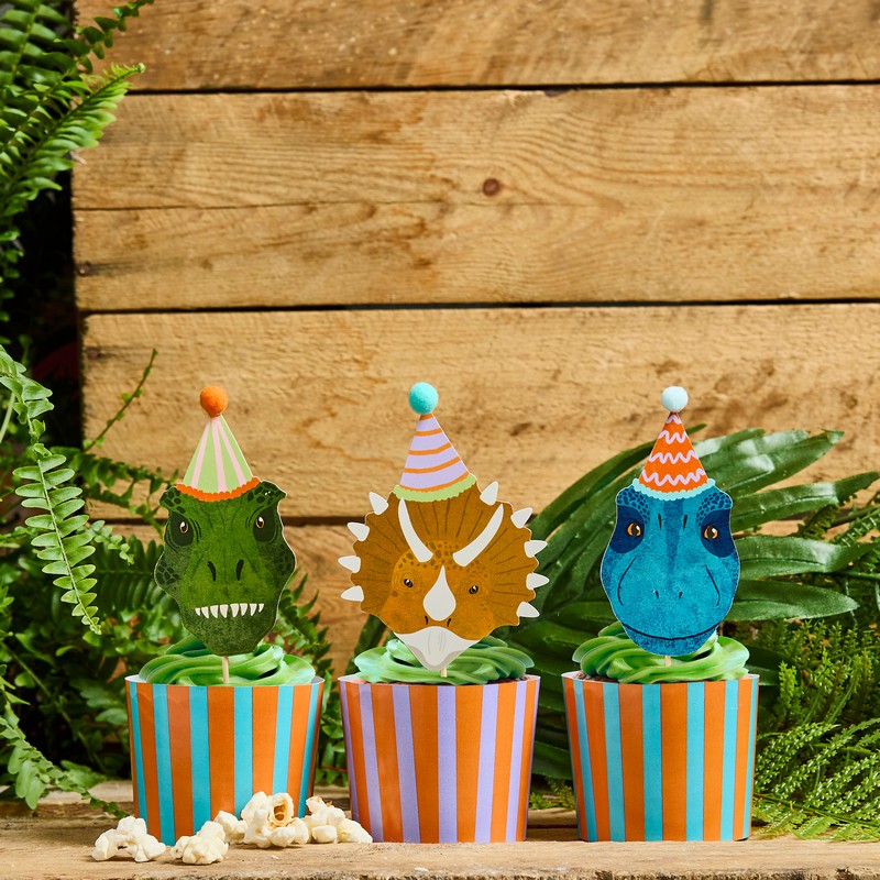 Dinosaur Party Cupcake Wrappers & Kagepinde - 12 stk | Dinosaurus Bægre - Temashop