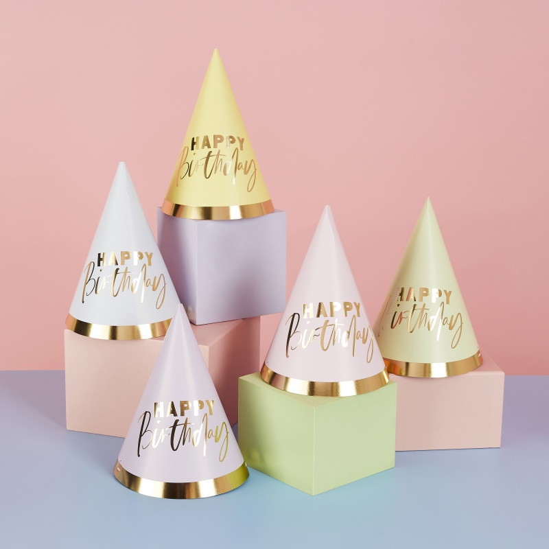 Happy Birthday Partyhatte Pastel | Fødselsdag Partyhatte - Festtilbehør - Temashop