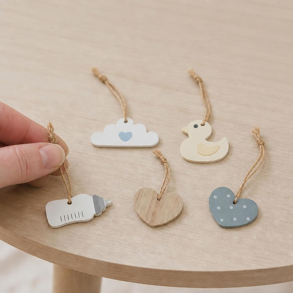 Babyshower Træ Gavemærker Mix - 5 stk (3 x 3 cm) | Baby Bordnumre / bordkort / holdere - Temashop