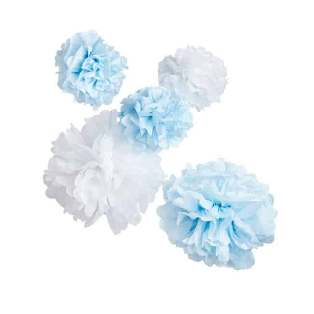 Pom Pommer Loftdekoration Lyseblå/Hvid - 5 stk (20-30 cm) | Lyseblåt Tema Pom pommer - Temashop