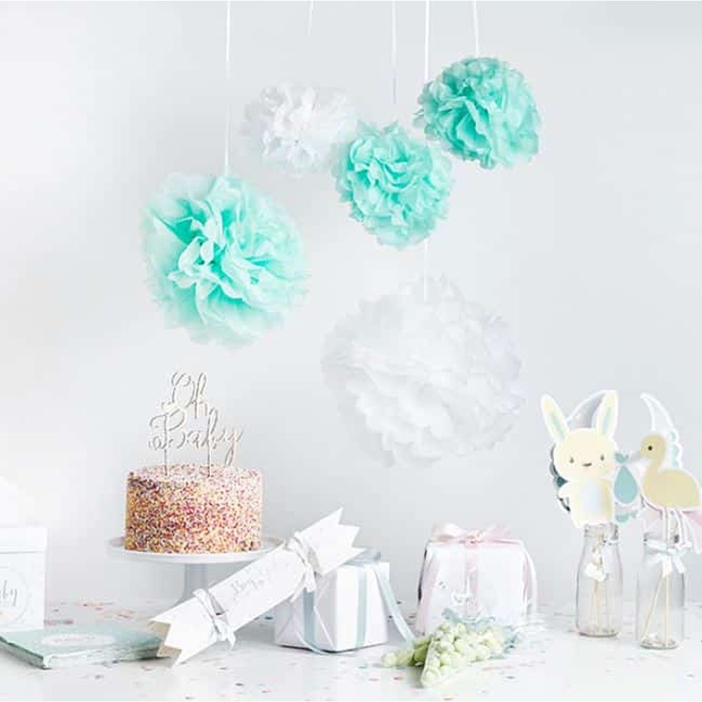 Pom Pommer Loftdekoration Mint/Hvid - 5 stk (20-30 cm) | Mint Tema Pom pommer - Temashop