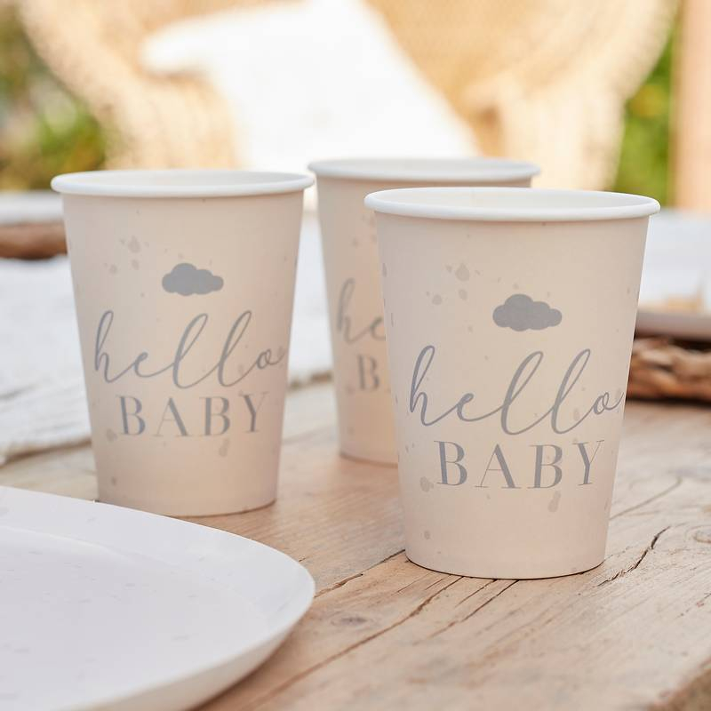 Hello Baby Papkrus Hvid/Grå - 8 stk (12,5 x 8 cm) | Babyshower Krus - Temashop