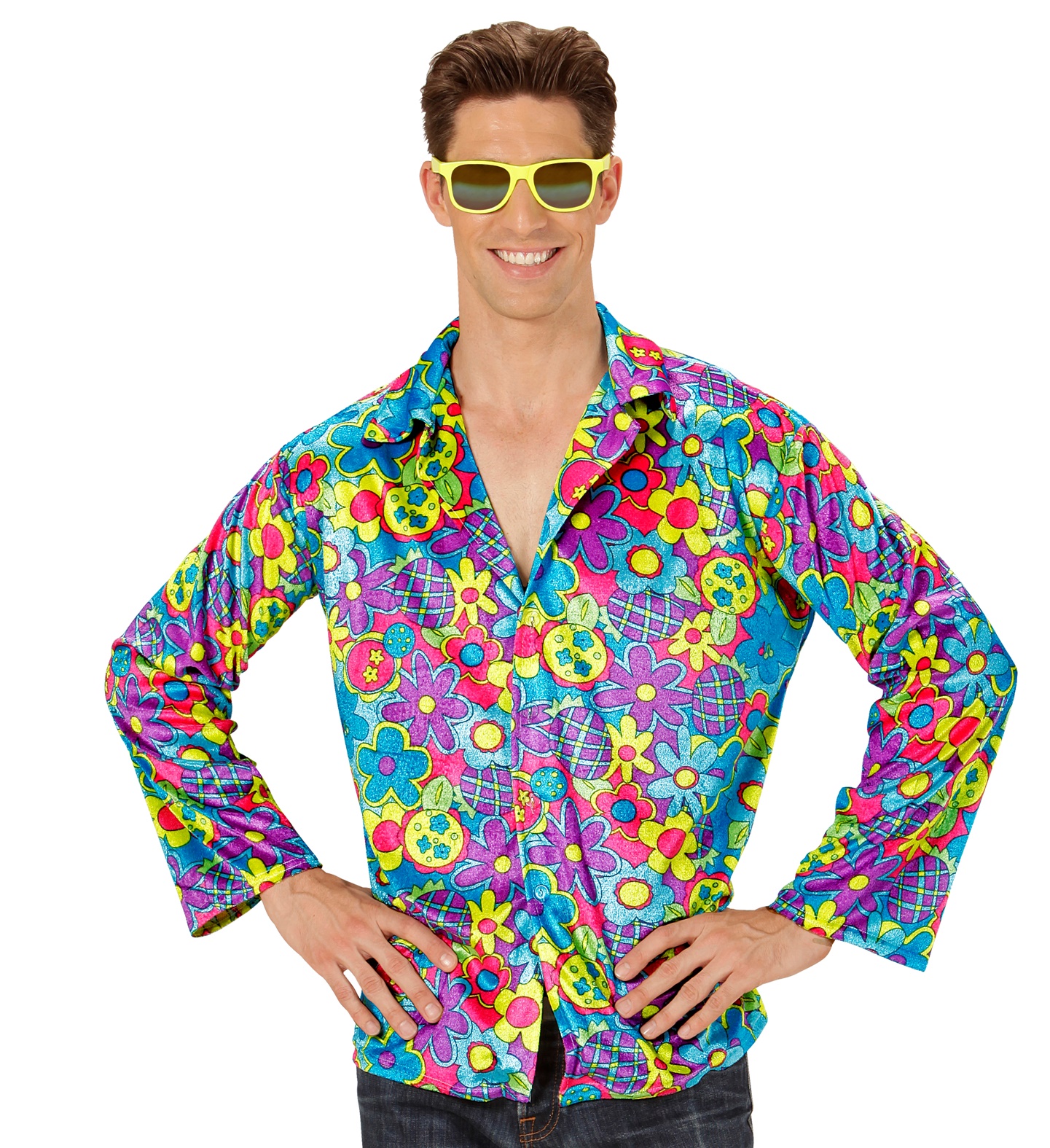 Hippie Flower skjorte - Årtier kostume til voksne i størrelserne M-XL | 60'erne Hippie kostume til mænd - Temashop