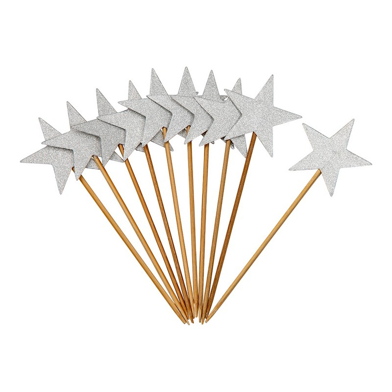 Stjerne Kagepinde Sølv - 10 stk (12 cm) | Sølv tema Drinkspinde - Temashop