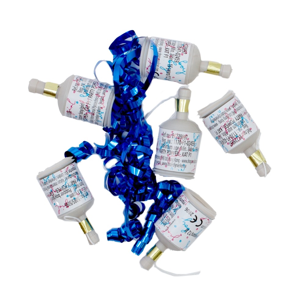 Gender Reveal Party Poppers Blå - 6 stk (5,5 x 2,5 x 2,5 cm) | Gender Reveal Fyrværkeri - Temashop